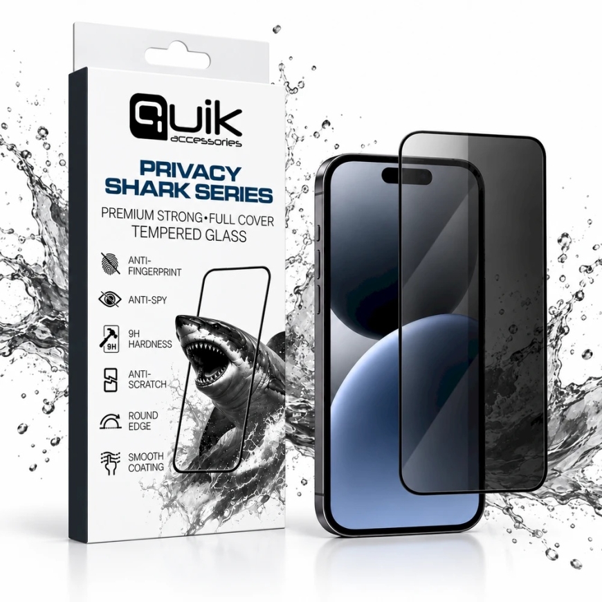 Quik Accessories PRIVACY SHARK sērijas Premium stiprais pilnīgais pārklājuma stikls Samsung Galaxy S25 Plus