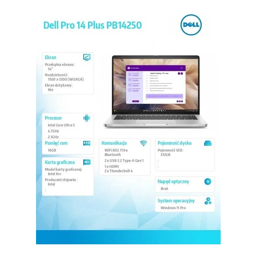 Dell Pro 14 Plus PB14250 klēpjdators W11P U5-236V/16GB 512GB/FGRPR&SMTCD/IR kamera un mikrofons/tikai bezvadu internets+BT/14.0 – 5