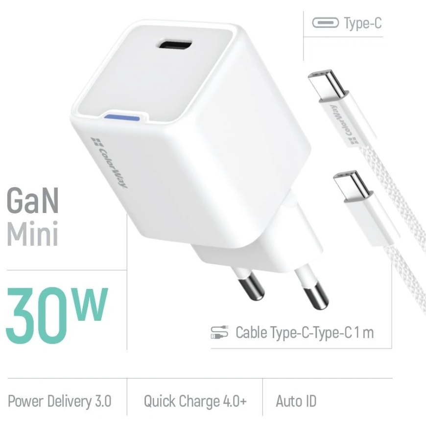 ColorWay 1x USB-C/ tinklo įkroviklis/ GaN/ PD/ PPS/ 30W, Baltas – 5