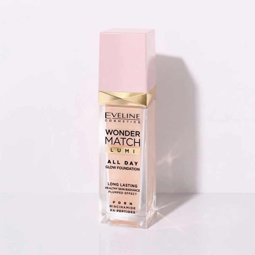 Eveline Cosmetics Wonder Match Lumi All Day Glow ilgai išliekantis šviečiantis pagrindas 25 Sand rusvai gelsvas 30ml