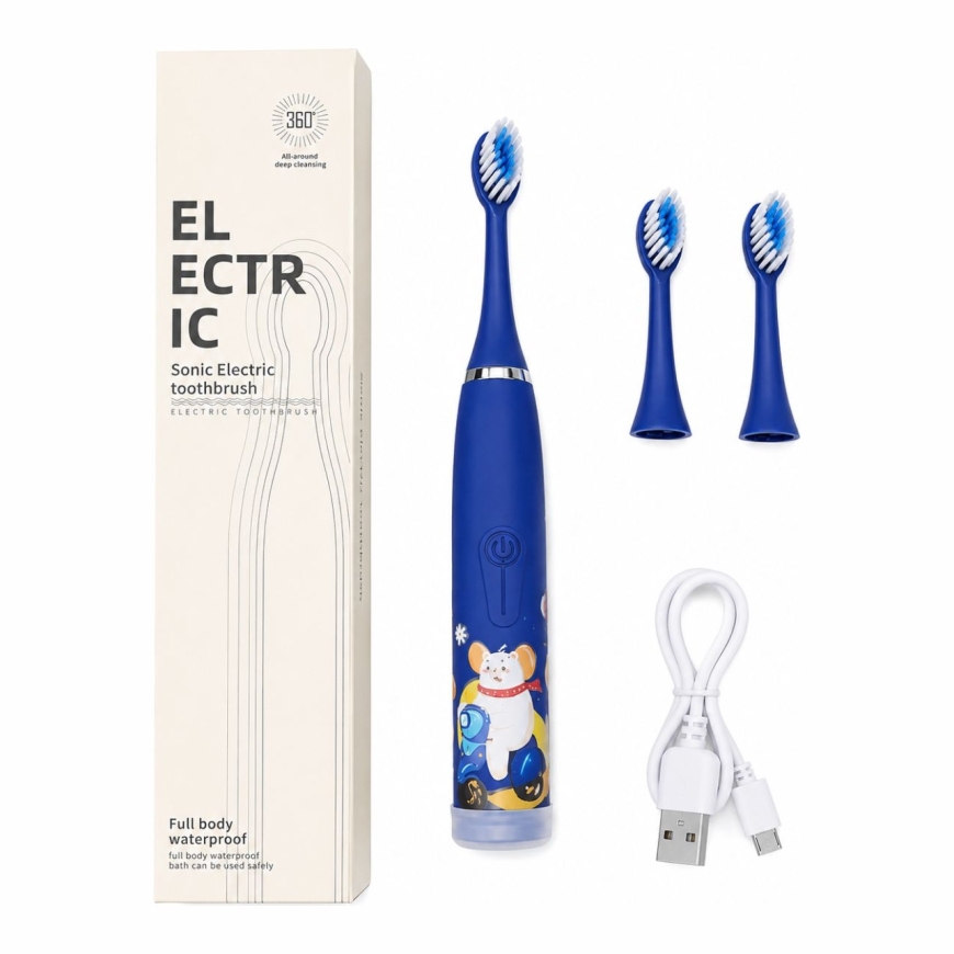 Bērnu uzlādējama sonic elektriskā zobu birste, USB uzlāde, 3 suku galviņas (1+2 rezerves galvas), mīkstās sari, ūdensizturīga, z