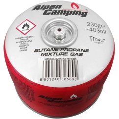 Inko Time Kartus "Alpen Camping" 230 g kaasupullo. Sertifikaatti: Pi 0656, täyttää EN417-standardin, propaani-butaani, lämpötila