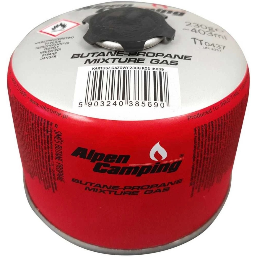 Inko Time kasetne "Alpen Camping" 230 g gāzes balons. Sertifikāts: Pi 0656, atbilst EN417 standartam, propāns-butāns, temperatūr – 2