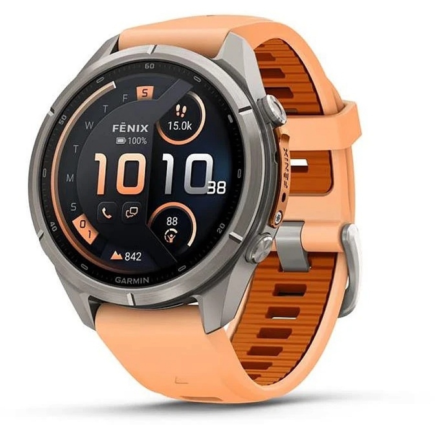 Garmin fenix 9 Pro smart watch, inReach, 43 mm, titanium case with Shell Pink / Autumn Orange silicone strap