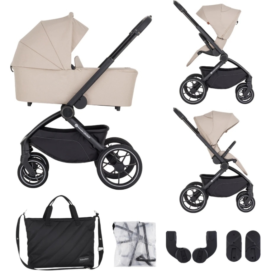 "Petite&Mars Scout" – monitoiminen lastenvaunu taittuvalla vaunuosalla, 2-in-1-setti | Soft Mousse
