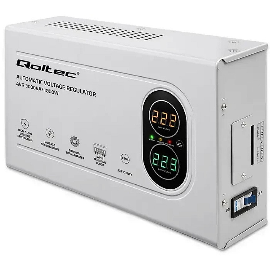 Qoltec automaattinen jännitestabilisointi AVR 3000VA 1800W kompakti toroidi-transformaattori