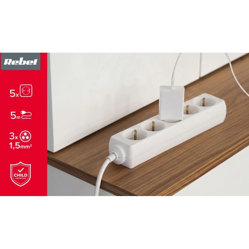 Rebel 5 kontaktu pagarinātājs 5m vācu tips bez slēdža (3x1.5mm) balts – 3