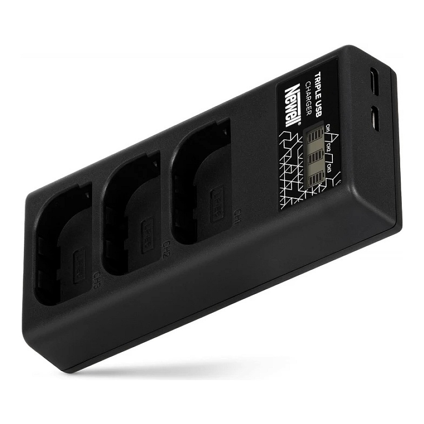 Charger - Newell CD-USB-C Three Channel Charger for Canon LP-E6 Batteries USB-C, Micro USB, Black