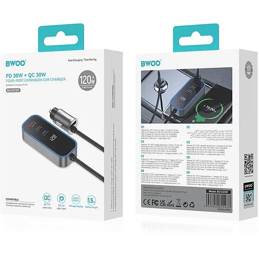 BWOO CC107 PD car charger 1x USB-C – USB-A connector 30W black – 3