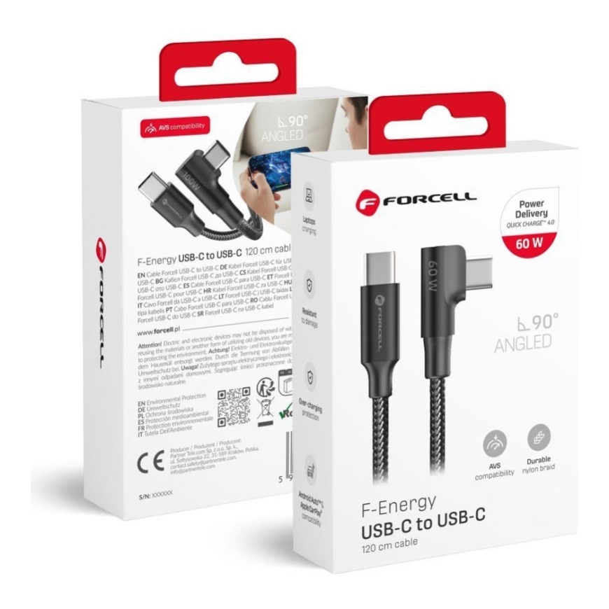 USB C į USB C kabelis Forcell F-Energy QC4.0 PD 5A 100W Cafule 90° 2 m CC-1Degjuodas
