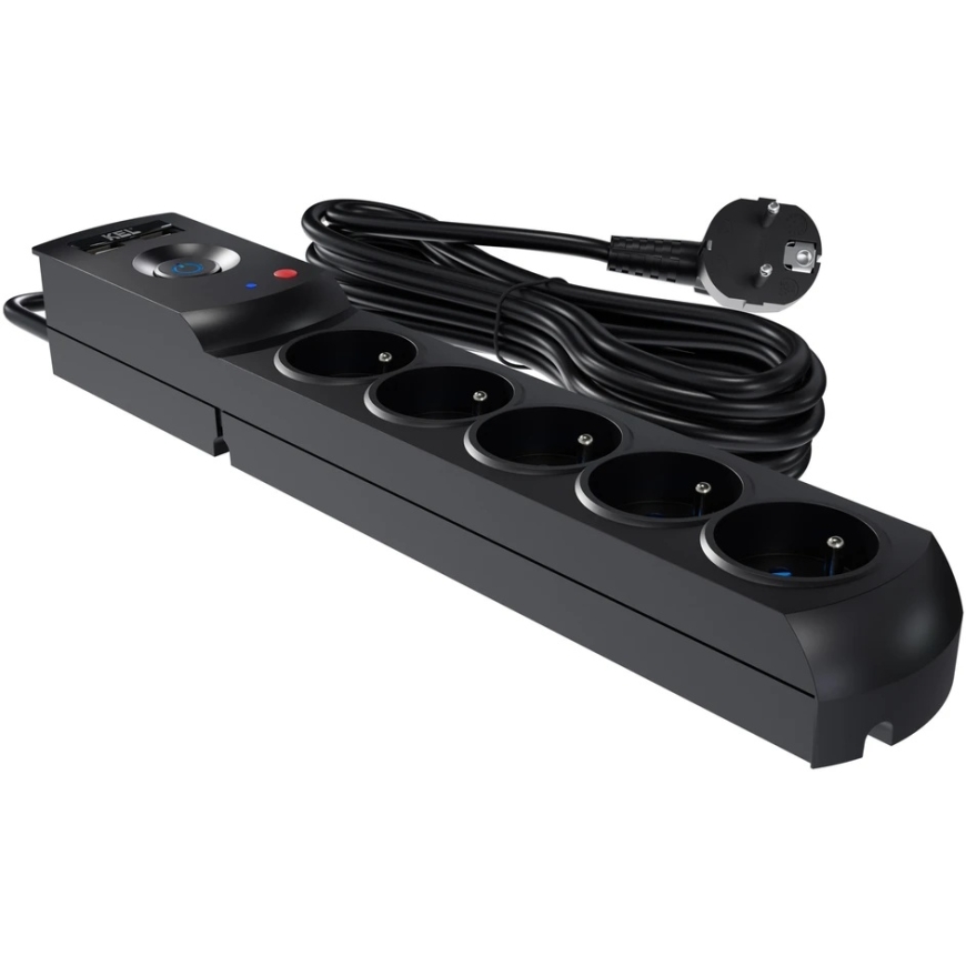 Plastrol Profesionalus ilgintuvas su saugikliu ir apsauga nuo viršįtampių, 5 lizdai, 2 USB prievadai, ilgis 5 m, 10 A, 230 V, 23 – 2