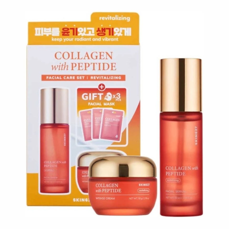 Bielenda Skin627 Collagen and Peptides Set for Face Serum 50 ml + Face Cream 50 g + Sheet Masks 3 x 22 ml