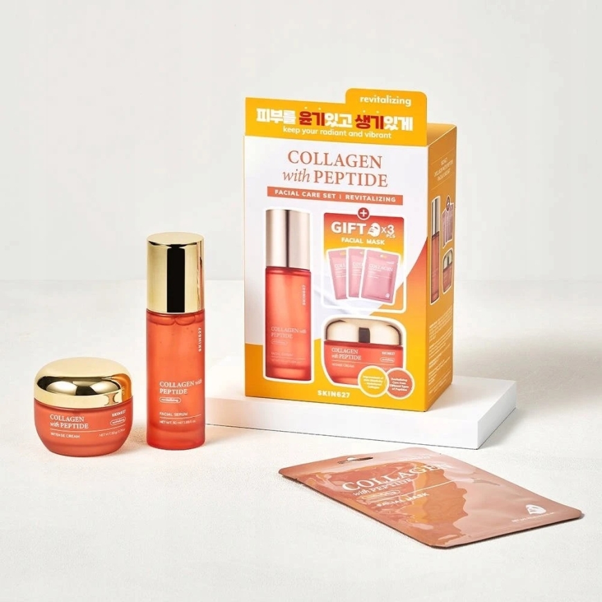Bielenda Skin627 Kolageno ir peptidų rinkinys veido serumui 50 ml + veido kremui 50 g + lakštinėms kaukėms 3 x 22 ml – 2