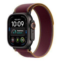 Apple Watch Ultra 4 (GPS + Cellular) 49 mm musta titaanikuori ja viininpunainen Trail-ranneke, M/L