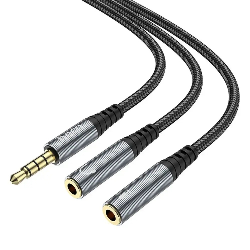 AUX-kaapeli 2in1 Jack 3,5 mm (uros) 2 x Jack 3,5 mm (naaras) Hoco 0,25 m UPA21 metalliharmaa – 2