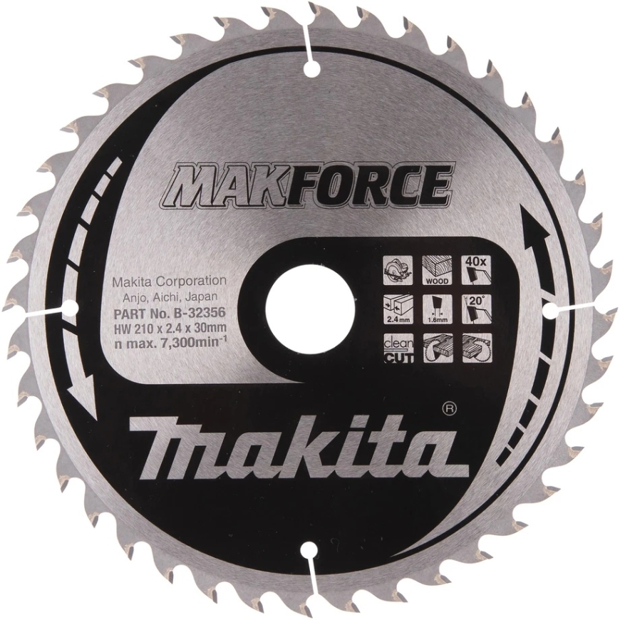 Пила T.C.T. Makita MAKFORCE 210X2.4X30mm 20° T40 B-32356 T.C.T • 210 x30 мм • T40 • 20° • Для Дерева