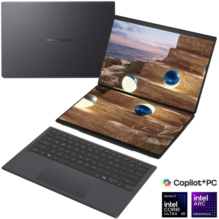 Asus Zenbook Duo UX8407AA-SN066W kannettavan tietokone, 14", 2.8K OLED kosketusnäyttö, Intel Core Ultra X9 378H, 32GB RAM, 2TB S – 2