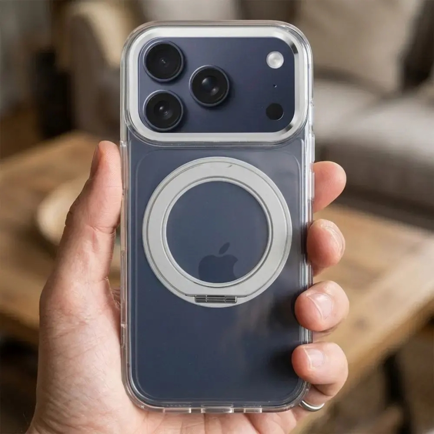 Frame Circle Stand telefoni ümbris alusega ja MagSafe toega iPhone 16 Pro läbipaistev – 3