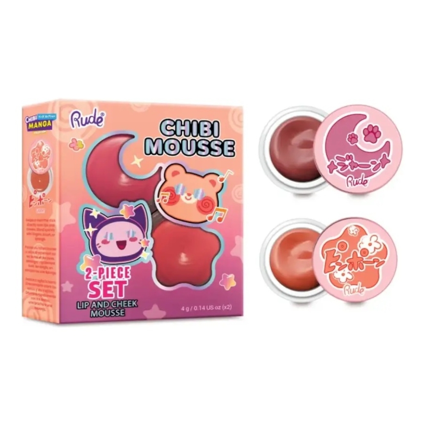 Rude Cosmetics komplektas: Chibi Mousse, lūpų ir skruostų balzamas 2-in-1, Tada!, 4 g + Chibi Mousse, lūpų ir skruostų balzamas