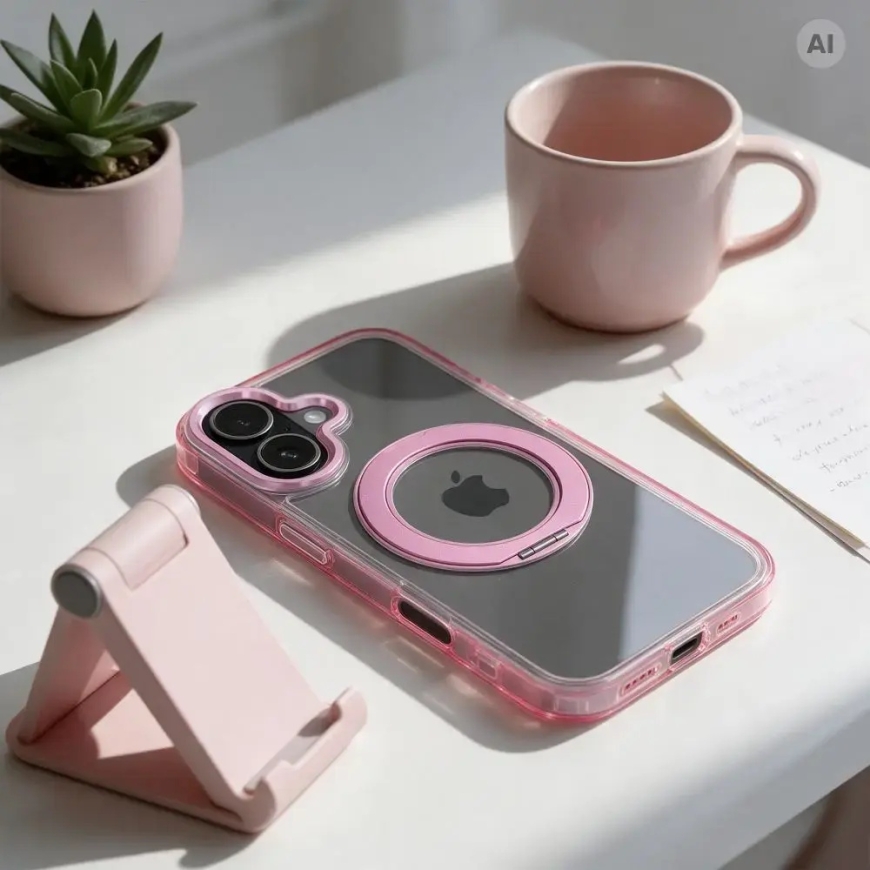 Kotelo iPhone 16 PRO Frame Circle Stand, yhteensopiva MagSafen kanssa, vaaleanpunainen – 3