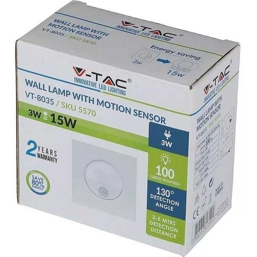 V-tac 3W LED kvadratinis šviestuvas su jutikliu, baltas, 4500K – 2