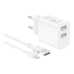 XO sienas lādētājs CE55 2x USB 2,4A balts + Lightning kabelis