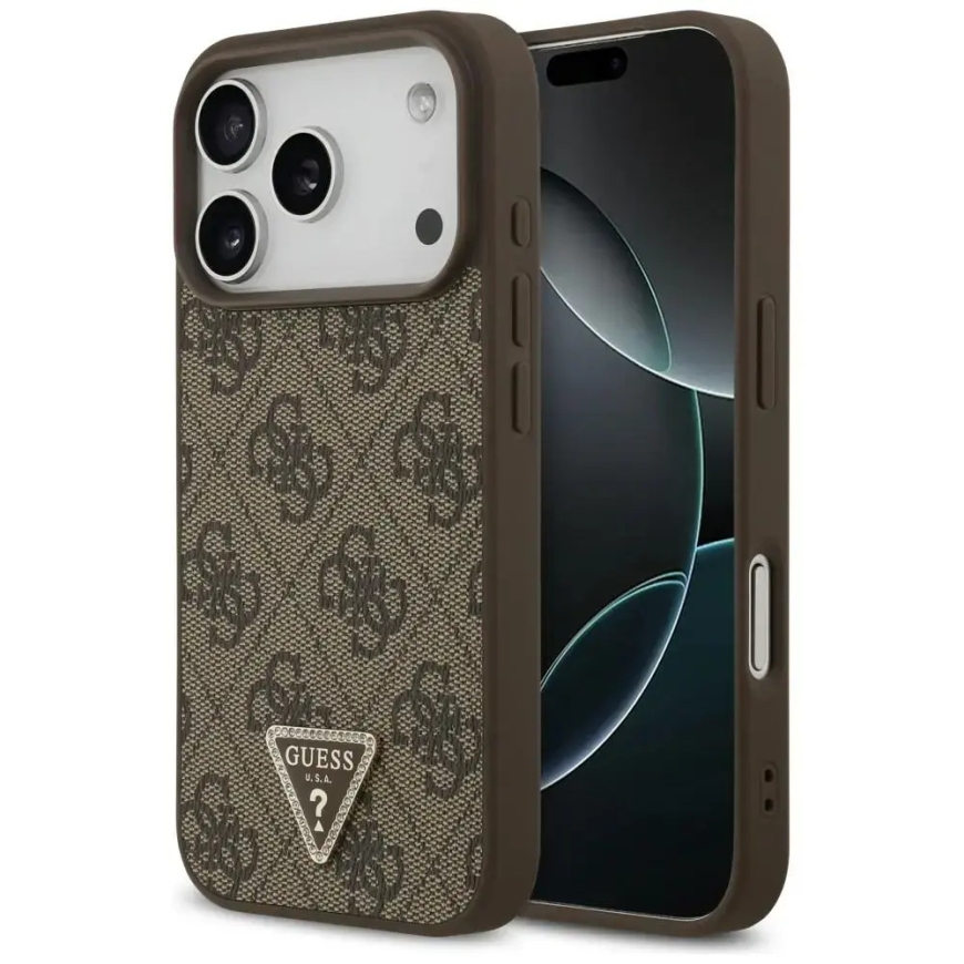 Guess Leather 4G Triangle Strass MagSafe maciņš iPhone 18 Pro / 17 Pro brūns