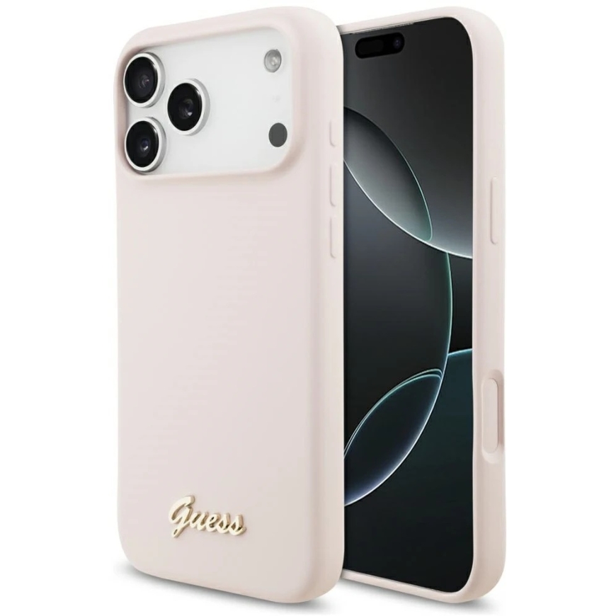 Guess silicone case with metal logo Script and MagSafe, designed for iPhone 18 Pro Max / iPhone 17 Pro Max, pink