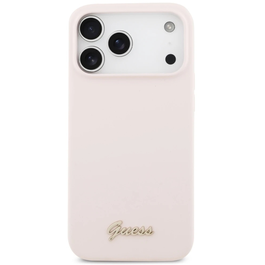 Guess silikoninis dėklas su metaliniu logotipu Script ir MagSafe, skirtas iPhone 18 Pro Max / iPhone 17 Pro Max, rožinis – 4