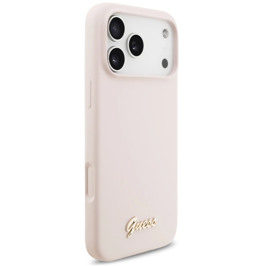 Guess silikoninis dėklas su metaliniu logotipu Script ir MagSafe, skirtas iPhone 18 Pro Max / iPhone 17 Pro Max, rožinis – 5
