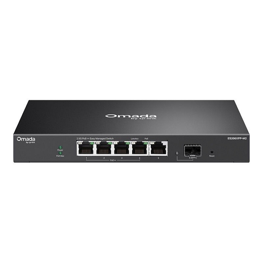 ES206XPP-M2 Omada 5-porttinen 2.5G BASE-T ja 1-porttinen 10GE SFP+ helposti hallittava kytkin, jossa 4-porttia PoE++ |