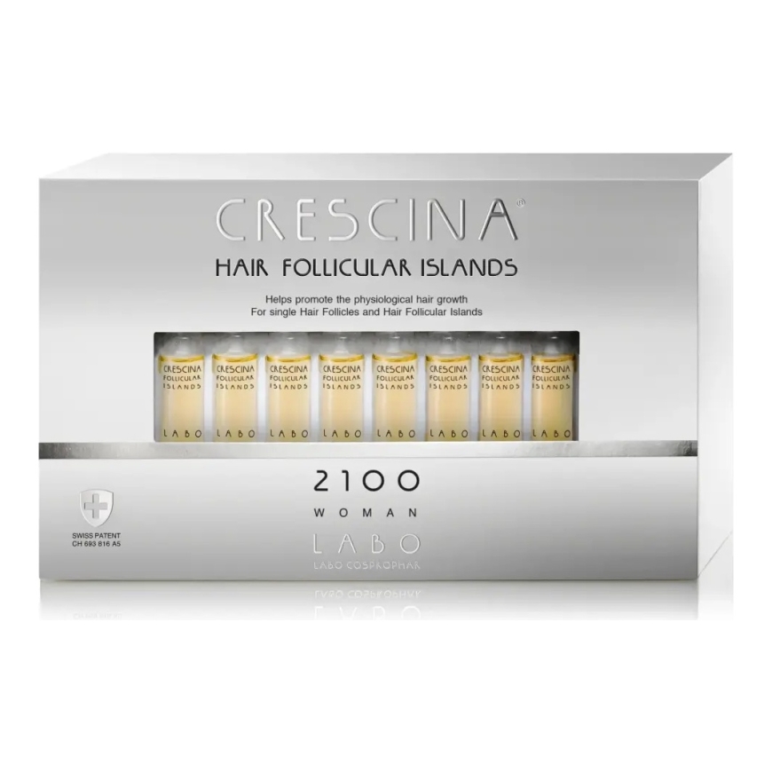 Komplekt, Labo, Crescina Follicular Islands 2100, Kasvu stimuleerimiseks, Ampullide raviseerum, Peanahale, Naistele, 20 tk