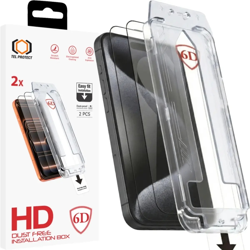 Tel Protect Dust-Free Easy Fit Full Glue 6D karastatud kaitseklaas telefonile iPhone 15 Pro Max (2 tk.)