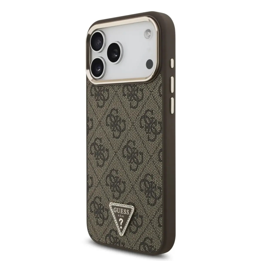 Guess 4G Strass Triangle Logo Gold Frame telefono dėklas su MagSafe palaikymu iPhone 18 Pro Max rudas