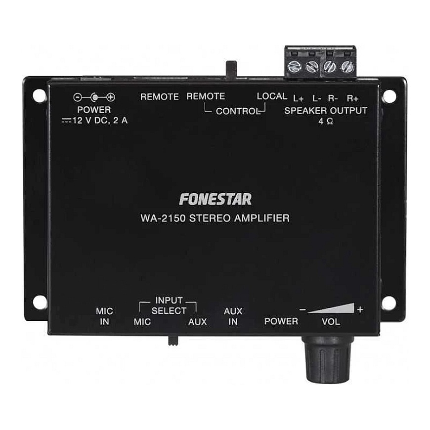 Fonestar WA-2150 – kompaktne D-klassi Hi-Fi stereo paigaldusvõimendi, 2 x 15 W RMS @ 4 Ω, 1 liinisisend, 1 mikrofonisisend, ühil