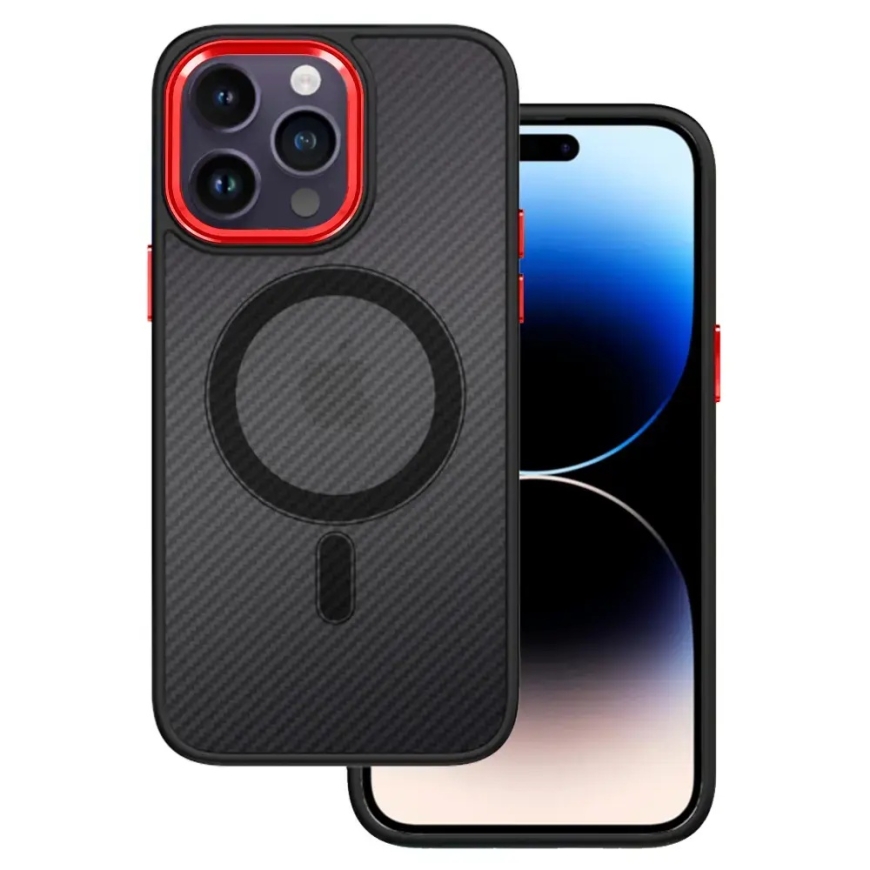 Tel Protect Magnetic Carbon maciņš ar MagSafe atbalstu telefonam iPhone 15 Plus melns sarkans