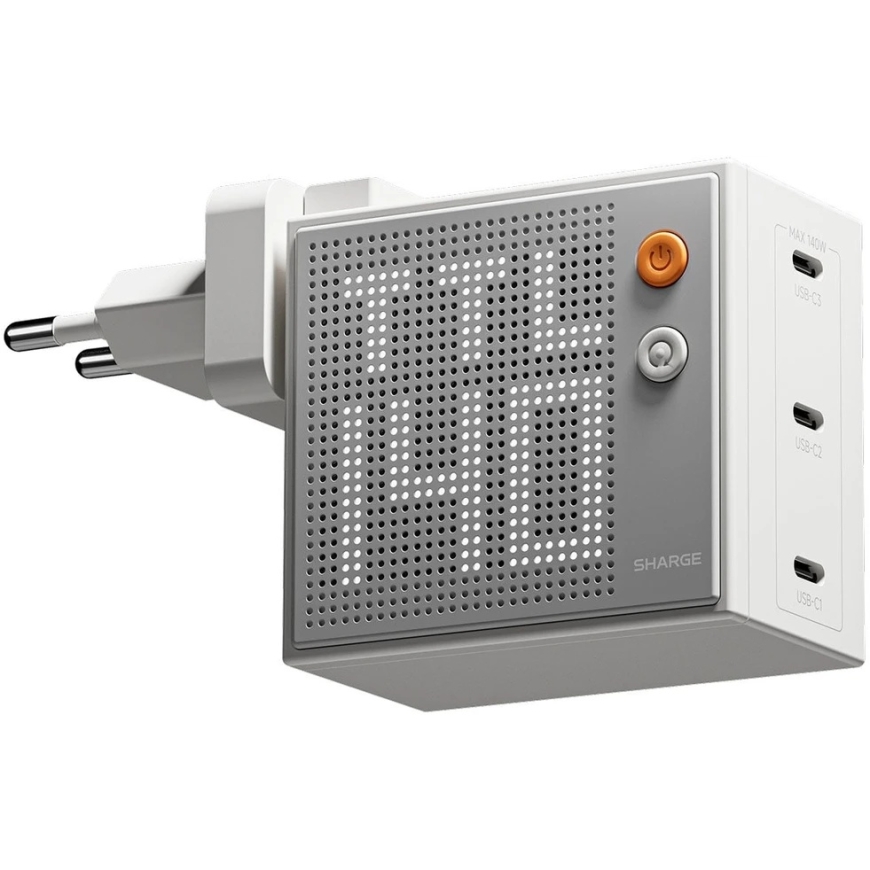 SHARGE Pixel 140 GaN-laturi, 140W, 3x USB-C, Dot Matrix -näyttö - valkoinen