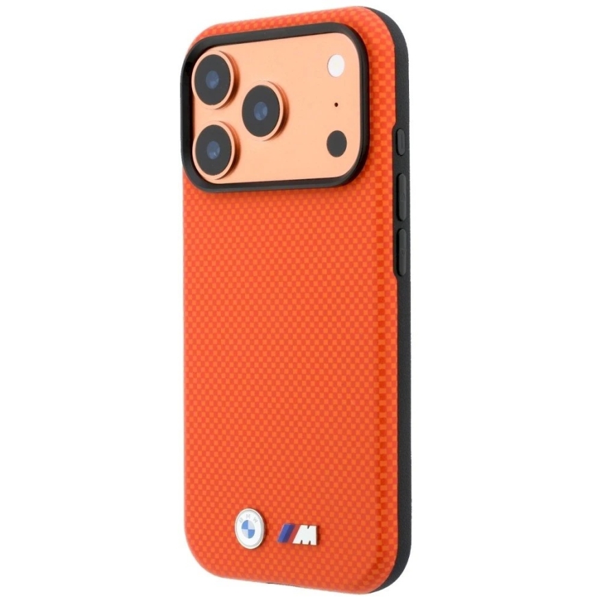 Чехол BMW M Quadrille Kevlar Metal Logo MagSafe для iPhone 18 Pro Max, оранжевый – 3