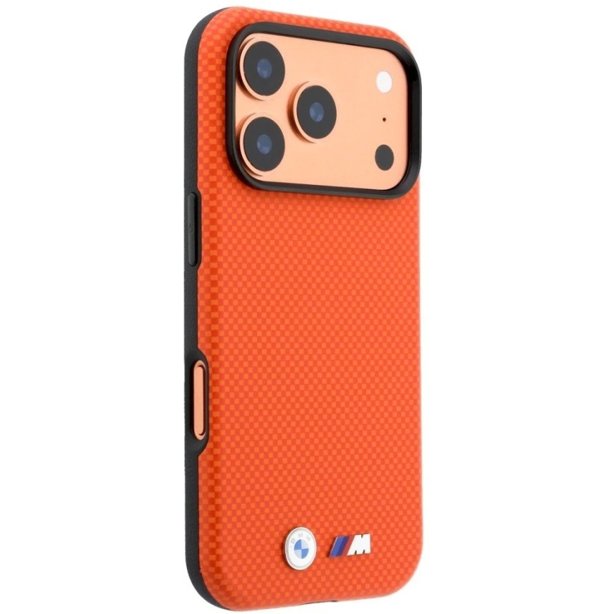Dėklas BMW M Quadrille Kevlar Metal Logo MagSafe, skirtas iPhone 18 Pro Max, oranžinis – 5