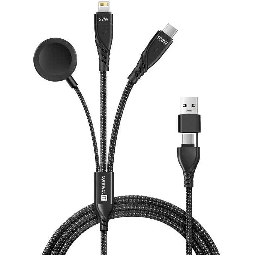 CONNECT IT Wirez 6in1 uzlādes kabelis, USB-C/USB, Lightning, bezvadu pulksteņa lādētājs, 1,25 m, melns