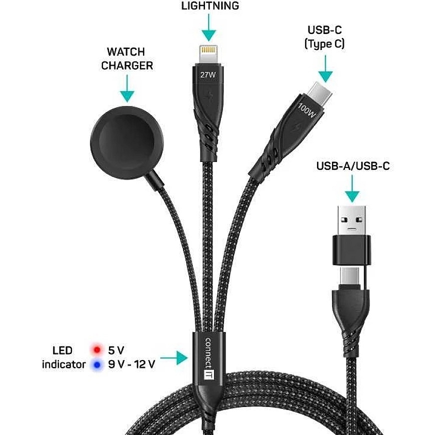 CONNECT IT Wirez 6in1 laadimiskaabel, USB-C/USB, Lightning, juhtmevaba kellalaadija, 1,25 m, must – 2