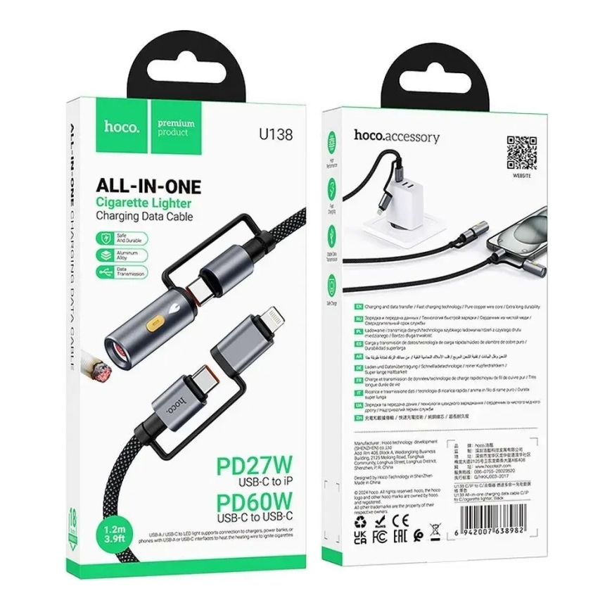 Hoco U138 3-in-1 tiedonsiirto- ja latauskaapeli | USB-C to USB-C, Lightning | PD, QC 3.0 | 60W | 1.2m | harmaa – 5