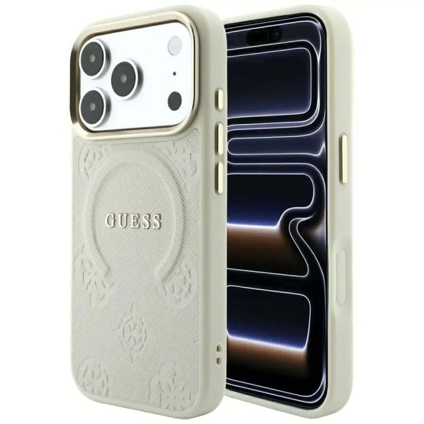 Guess Saffiano Peony & Ring MagSafe dėklas iPhone 18 Pro Max / 17 Pro Max Bežinis