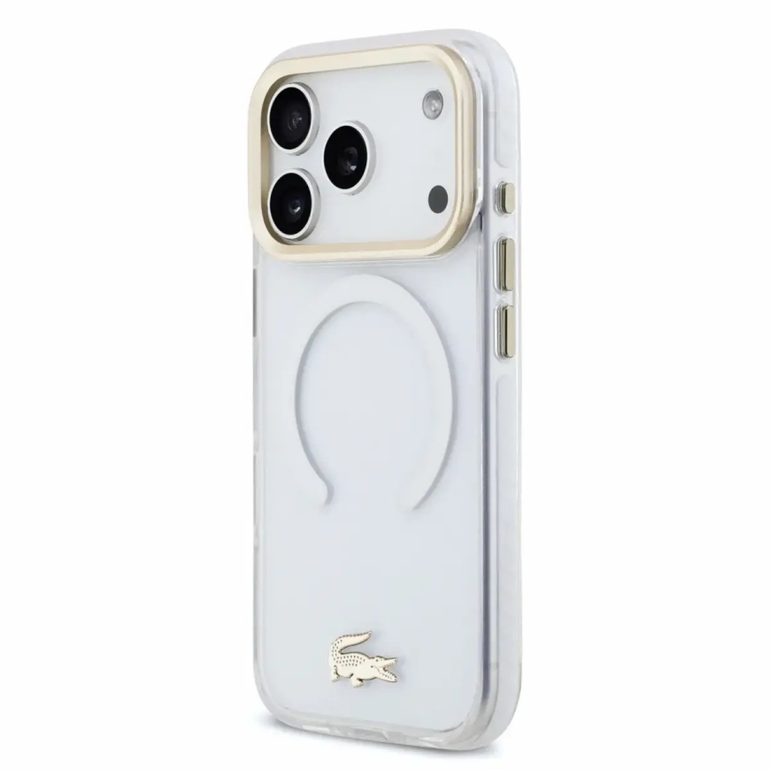 Lacoste IML Shockproof Petit Pique Gold Logo MagSafe dėklas iPhone 18 Pro skaidrus