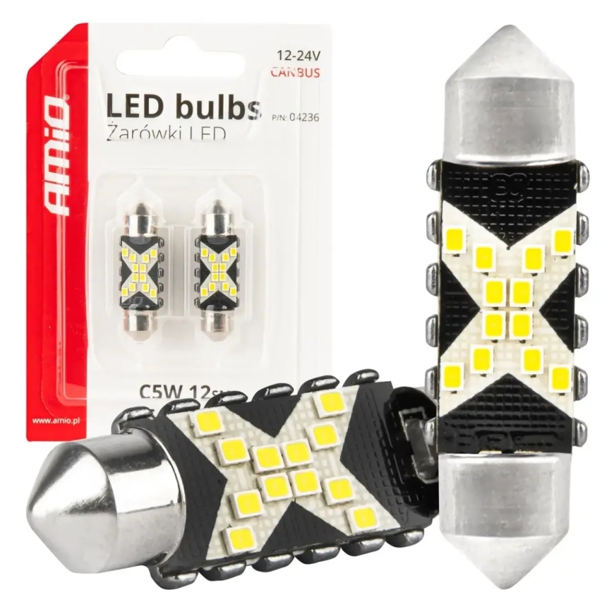 LED CANBUS lemput 12SMD Festoon C5W 2016 36mm Baltos 12/24V AMIO-04236