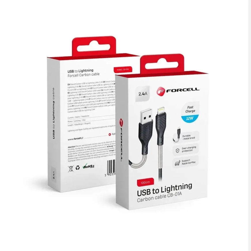 Forcell F-Energy CB-01A andmeedastus- ja laadimiskaabel | USB-A kuni Lightning | 12W | 1m | must