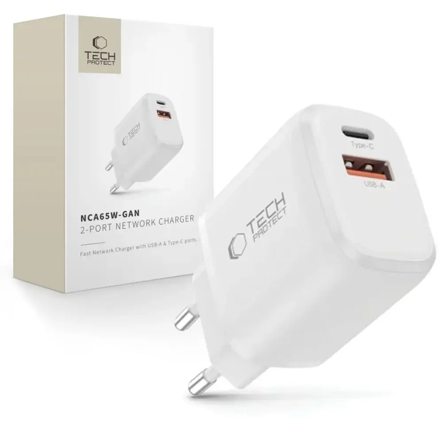 Tech-Protect NCA65W-GAN reisilaadija | 65W | PD, QC, GaN | USB-C, USB-A | valge