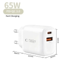 Tech-Protect NCA65W-GAN reisilaadija | 65W | PD, QC, GaN | USB-C, USB-A | valge