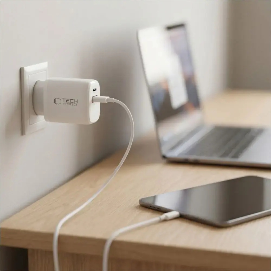 Tech-Protect NCA65W-GAN kelioninis įkroviklis | 65W | PD, QC, GaN | USB-C, USB-A | baltas – 5