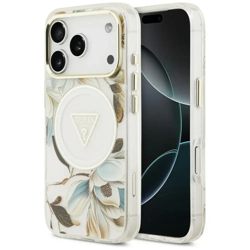Vāks Guess IML Glitter Flowers Triangle MagSafe iPhone 18 Pro Max / 17 Pro Max baltā krāsā
